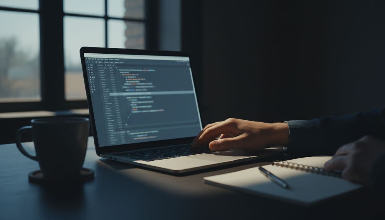 Developer's hands typing on a laptop keyboard in a dimly lit office, screen displaying HTML code editor with head section and faintly visible meta tag line, coffee mug and notebook nearby, cinematic style with dramatic side lighting.