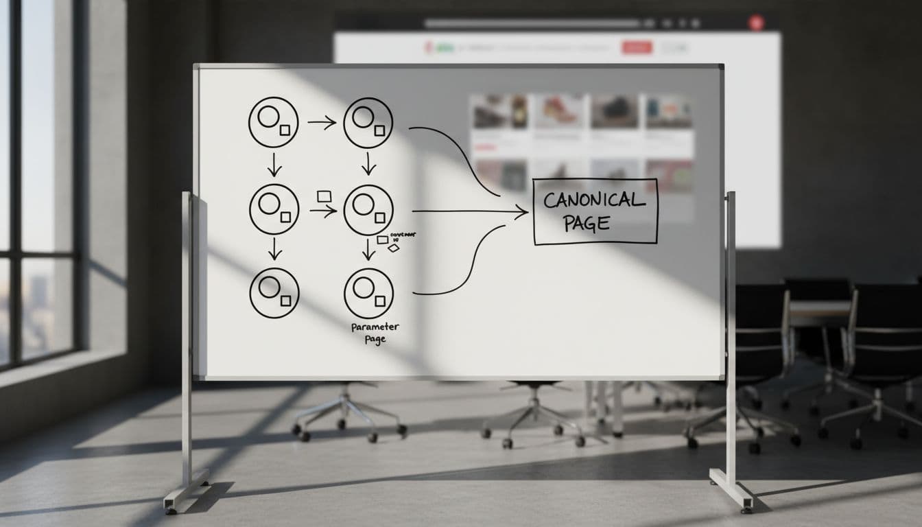 A flowchart sketched on a sunlit whiteboard showing multiple duplicate URLs like parameter pages and pagination pointing to a single canonical page, with blurred e-commerce thumbnails in the background, cinematic style.
