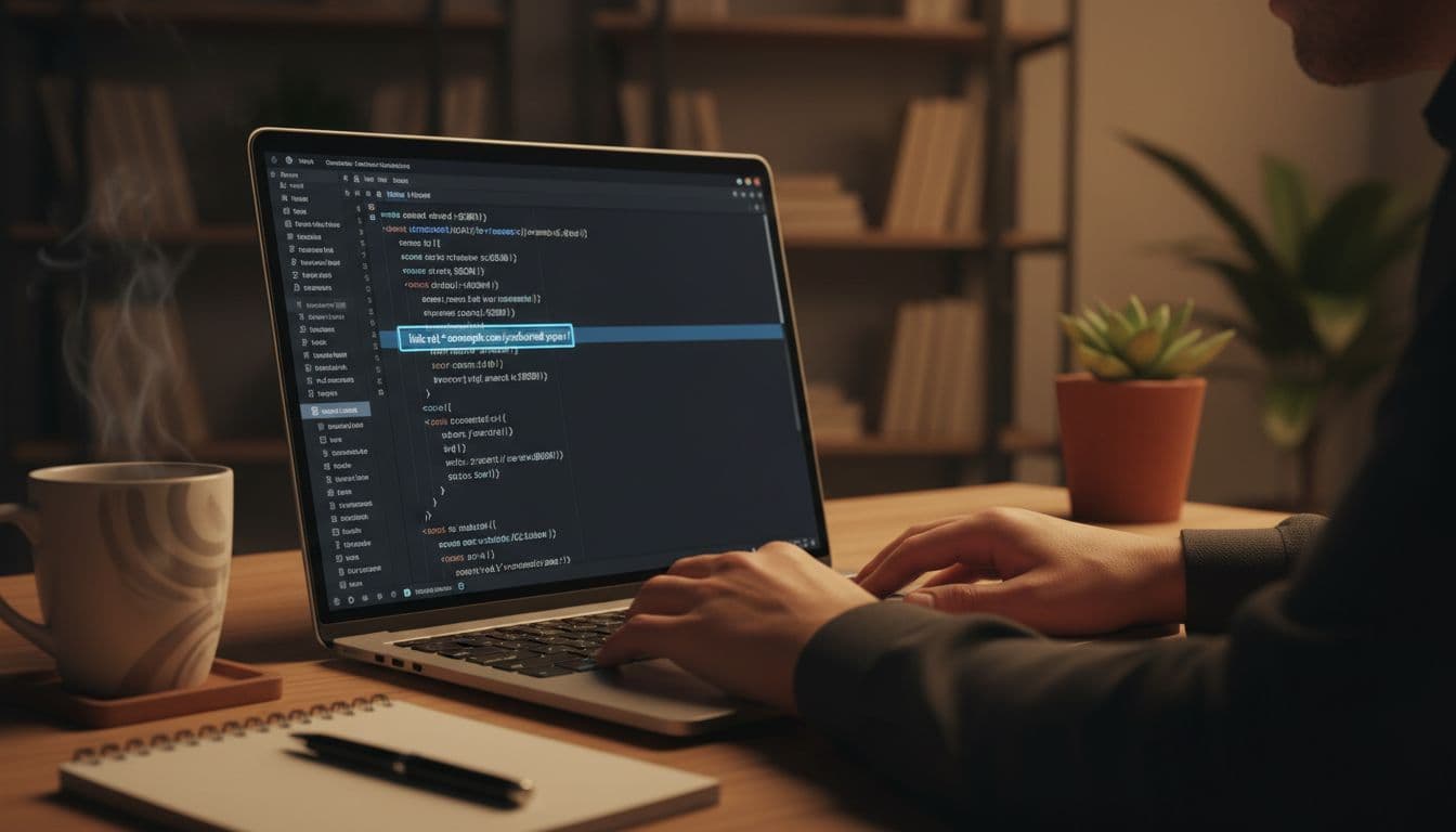 Developer at desk editing HTML code for canonical tag in website head section, laptop screen shows clean code structure with link element highlighted, cozy workspace with coffee mug and notebook.