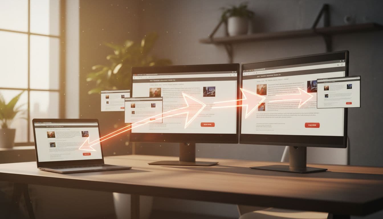 Multiple browser windows on a modern desk show duplicate web pages with arrows pointing to a central canonical page on the main screen, in a cinematic office with warm tones.