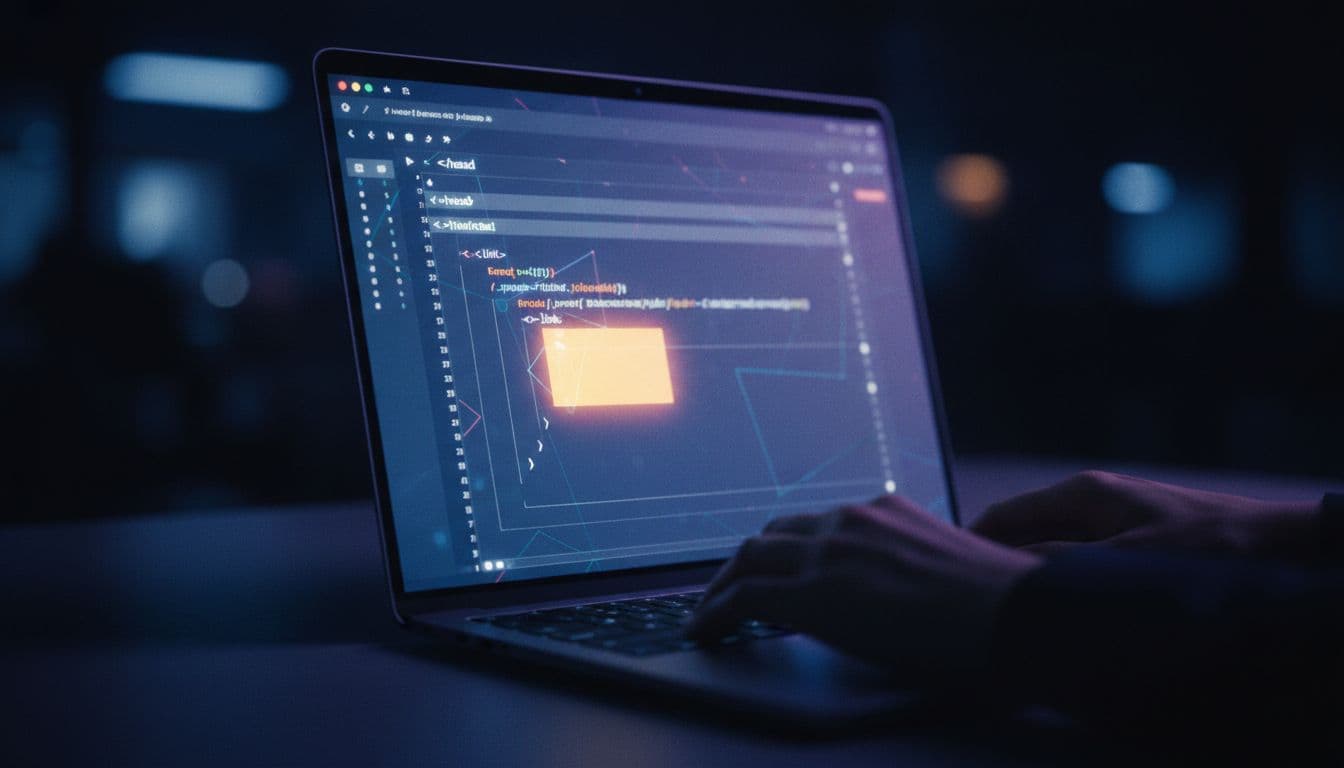 A close-up of a laptop screen in a dark room with dramatic screen glow lighting the keyboard and hands, displaying abstract HTML code structure in a code editor focused on the head section with a highlighted link tag area for canonical tag visualization, no readable text, strong contrast, depth of field blurring background.