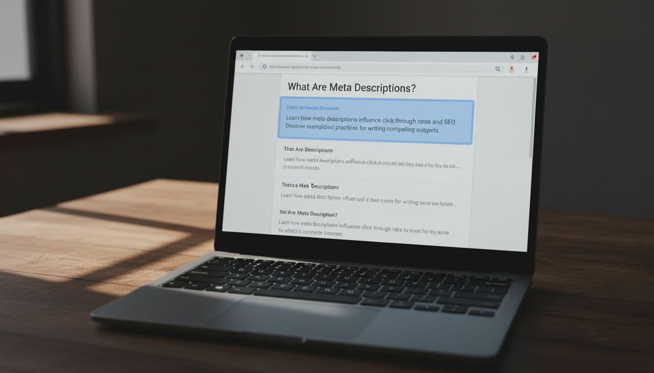 Close-up view of a laptop screen on a wooden desk in a dimly lit office, displaying Google search results with a highlighted meta description snippet. Cinematic style with dramatic lighting from the screen glow.