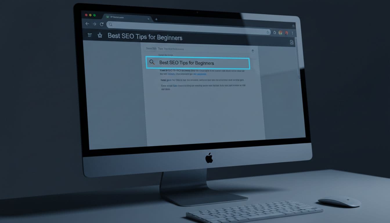 Desktop screen displaying browser tab titled 'Best SEO Tips for Beginners' next to a search results snippet with highlighted blue title tag, minimalist desk setup with keyboard and mouse in cinematic style.