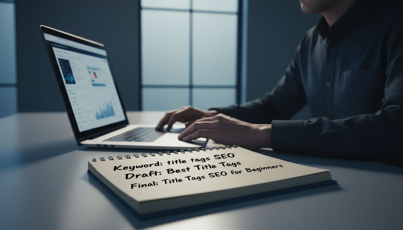 A person at a modern desk writes an optimized title tag on a notepad next to a laptop showing keyword research tools, depicting the process from keywords to final title.