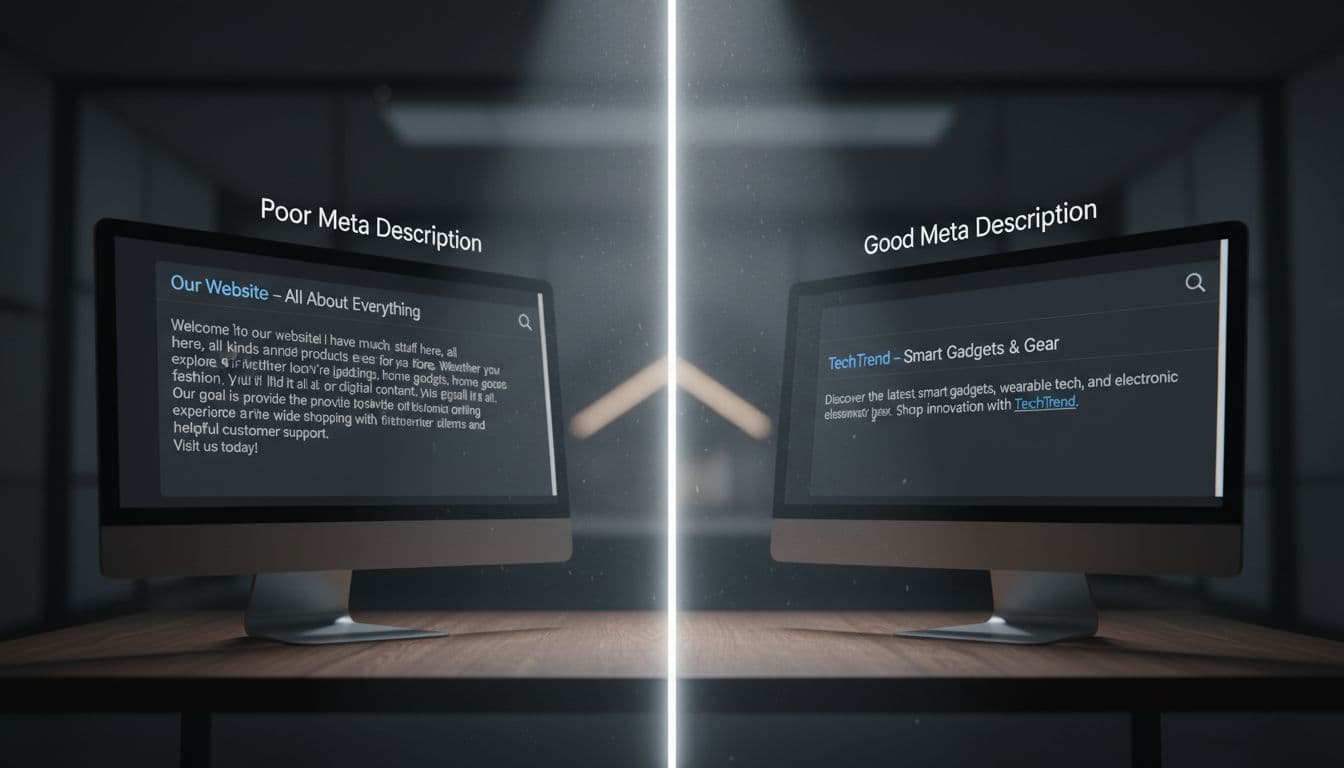 Split-screen comparison on two side-by-side monitors in a minimalist office desk setup: left shows a poor meta description (generic, too long), right shows a good one (concise, compelling with keywords) in search results. Cinematic style with dramatic lighting and strong contrast.