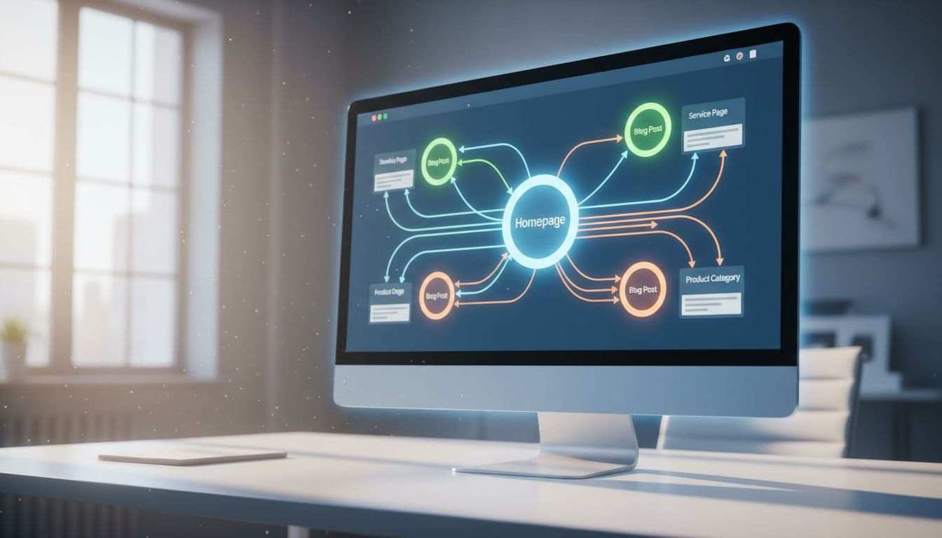 Diagram on a single computer screen illustrating interconnected website pages as nodes with arrows depicting internal links between homepage, blog posts, service pages, and product categories. Cinematic view in a bright modern office with dramatic lighting and no additional elements.