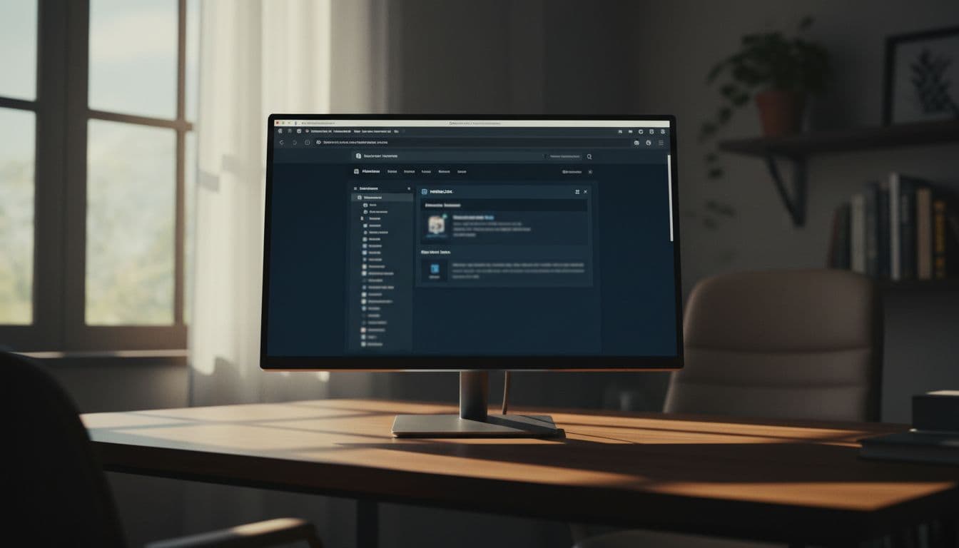 Cinematic WordPress dashboard on a single computer monitor in a home office, showing blurred file manager or plugin for editing robots.txt with natural light, strong contrast, and dramatic depth.