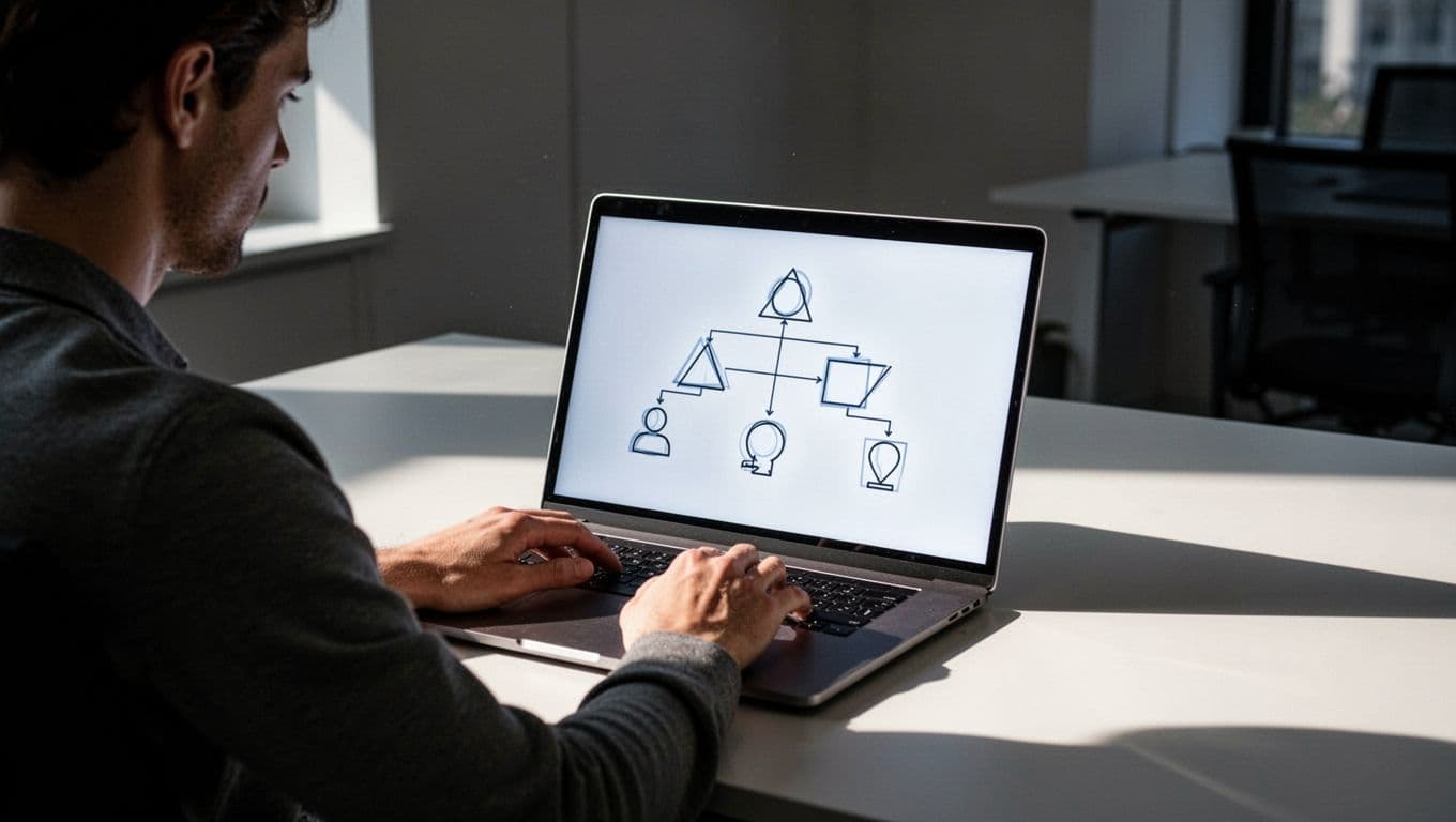 Cinematic decision tree flowchart for choosing between 301 and 302 redirects, featuring a single person at a desk with both hands on a blank laptop keyboard, simple branches with icons, dramatic lighting and strong contrast.