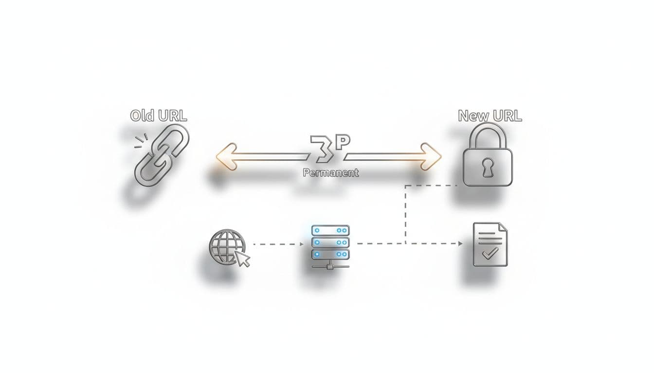 Visual diagram illustrating the 301 permanent redirect flow: old URL arrows to new URL with permanent move symbol, browser to server to final page, clean lines on white background in cinematic style with strong contrast and dramatic lighting, using simple icons only.