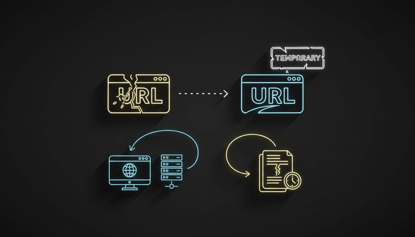 Cinematic-style visual diagram of the 302 temporary redirect process, featuring a dotted arrow from old URL to new URL with temporary sign, browser-server flow to temporary page, clean lines, strong contrast, depth, dramatic lighting, simple icons, strong shadows, and exactly one path.