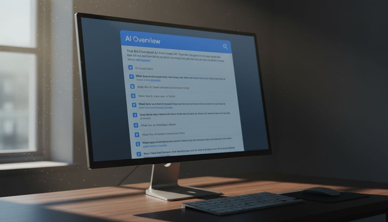 Close-up view of a computer screen showing Google search results with a prominent AI Overview box at the top, surrounded by blue links, on a modern office desk with keyboard and mouse.