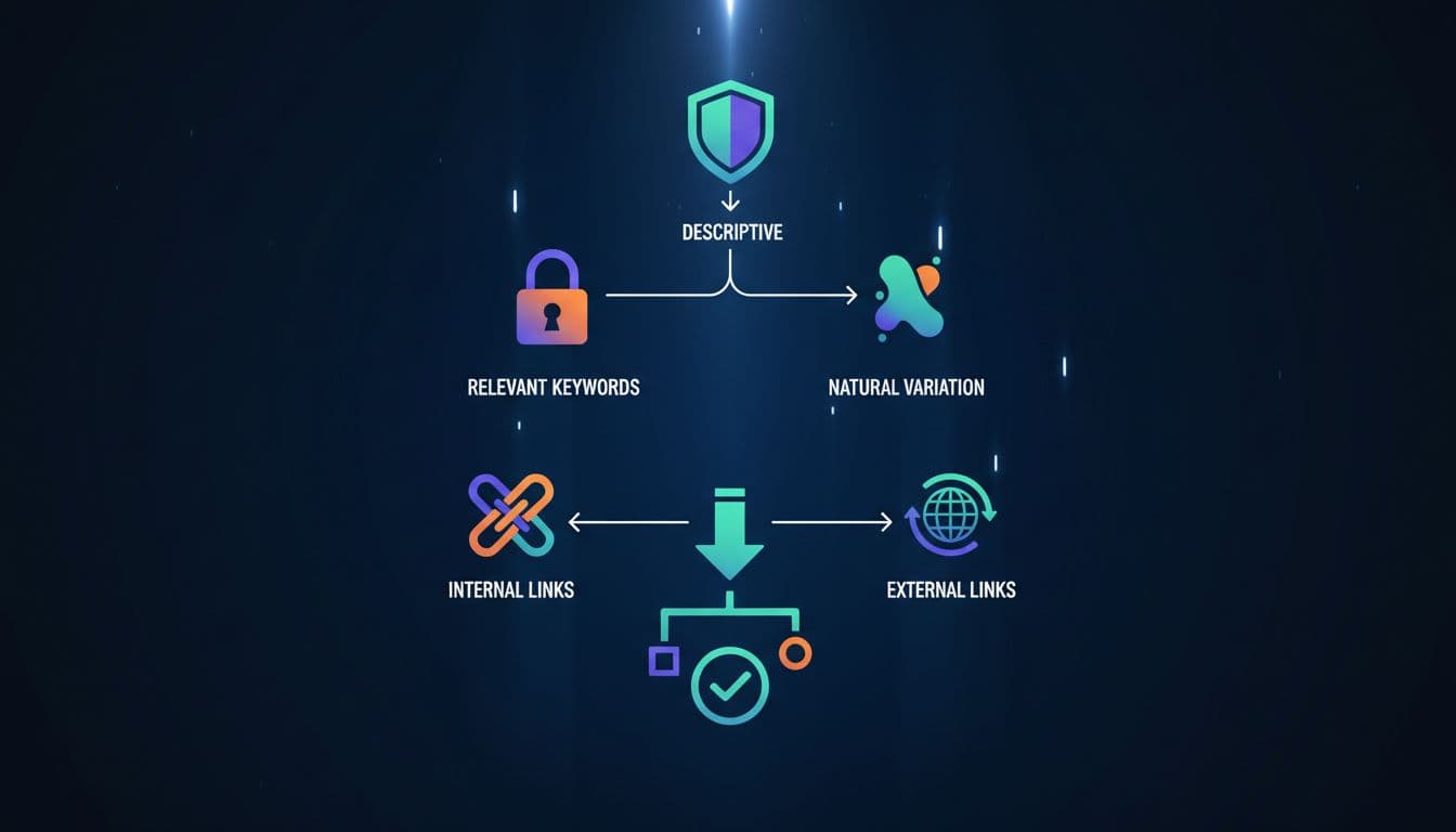 Infographic-style flowchart illustrating key anchor text best practices: descriptive text, relevant keywords, natural variation, internal and external links connected by arrows in modern flat design with dramatic lighting.