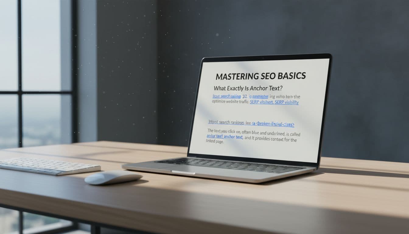 A close-up view of a laptop screen displaying a webpage with highlighted blue hyperlink anchor text on an SEO blog post, set on a modern office desk with keyboard and mouse nearby, in cinematic style with dramatic side lighting and strong contrast.