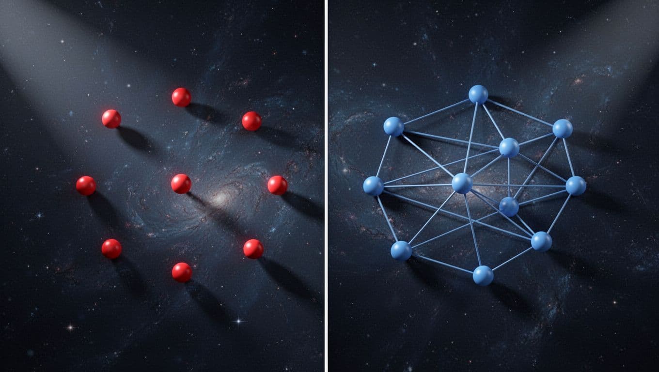 Split-view network graph of website structure: left side disconnected red orphan nodes, right side all blue nodes connected after fixes, dark cosmic background with cinematic contrast and lighting.