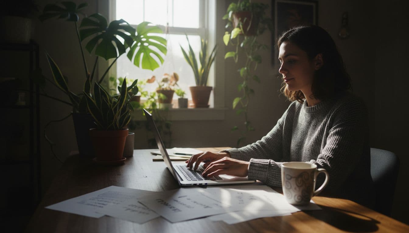 A focused person in a home office types on a laptop while creating an SEO content outline, with notes on AI Overviews scattered around, a coffee mug nearby, and plants adding a cozy touch. Cinematic lighting with strong contrast and depth.