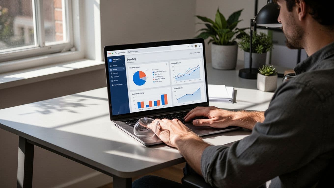 A focused beginner SEO user sits at a modern desk in a home office with natural light, viewing a laptop displaying simple analytics charts and graphs for website performance. Cinematic style with strong contrast, depth, and dramatic lighting, square aspect ratio.