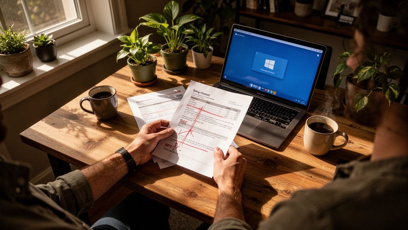 Overhead view shows hands holding printed report with red broken link marks beside computer redirect page in cozy home office with plants and mug.