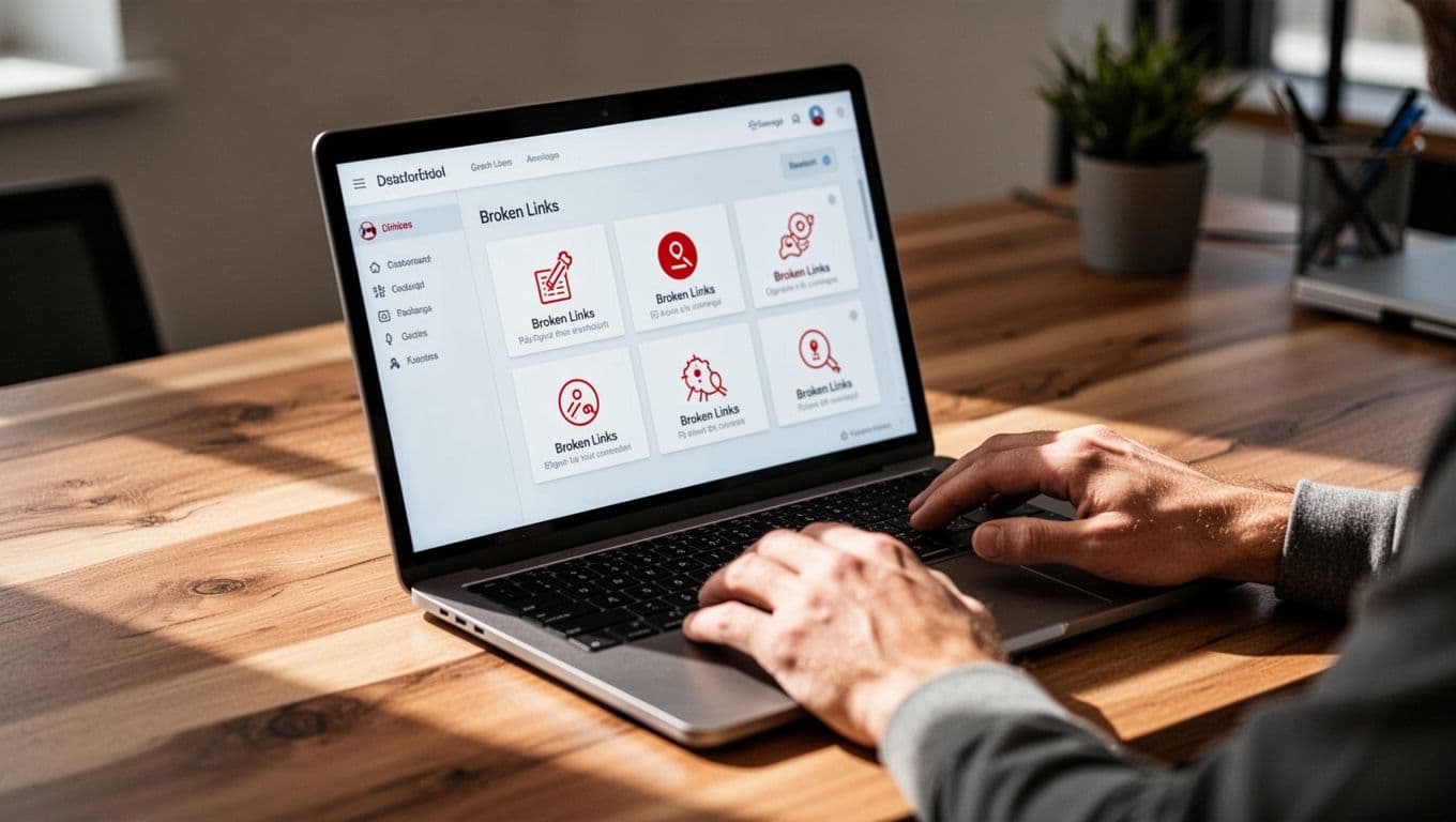 Laptop screen displays website audit dashboard highlighting broken links in red icons on wooden desk.
