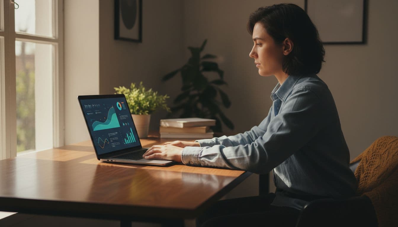Small business owner examines charts on GA4 SEO dashboard in cozy home office.