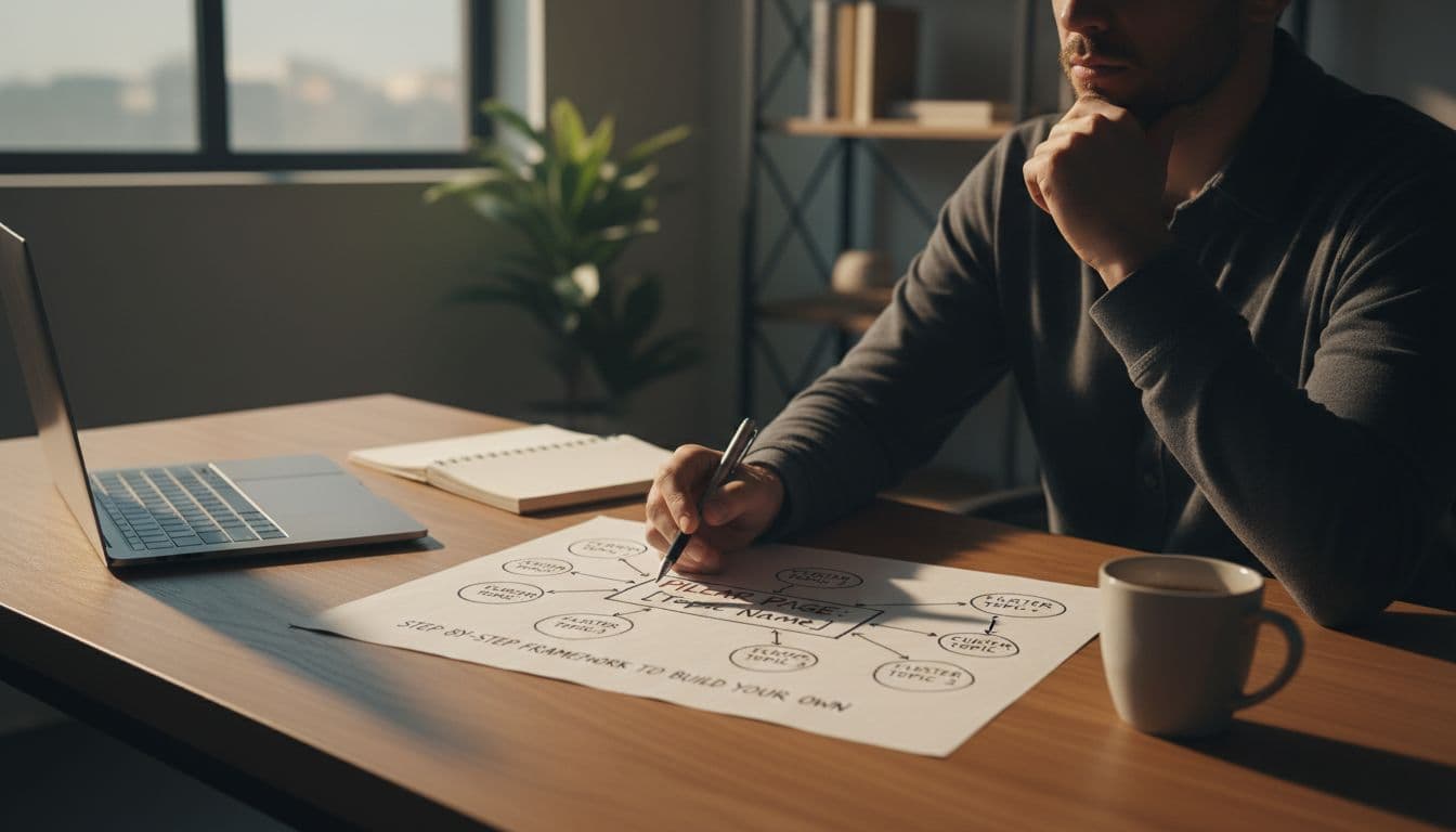 A content strategist at a desk with laptop, notebook, and coffee mug sketches a content map on paper featuring a central pillar connected to cluster topics with arrows, in a modern office with warm cinematic lighting and dramatic contrast.