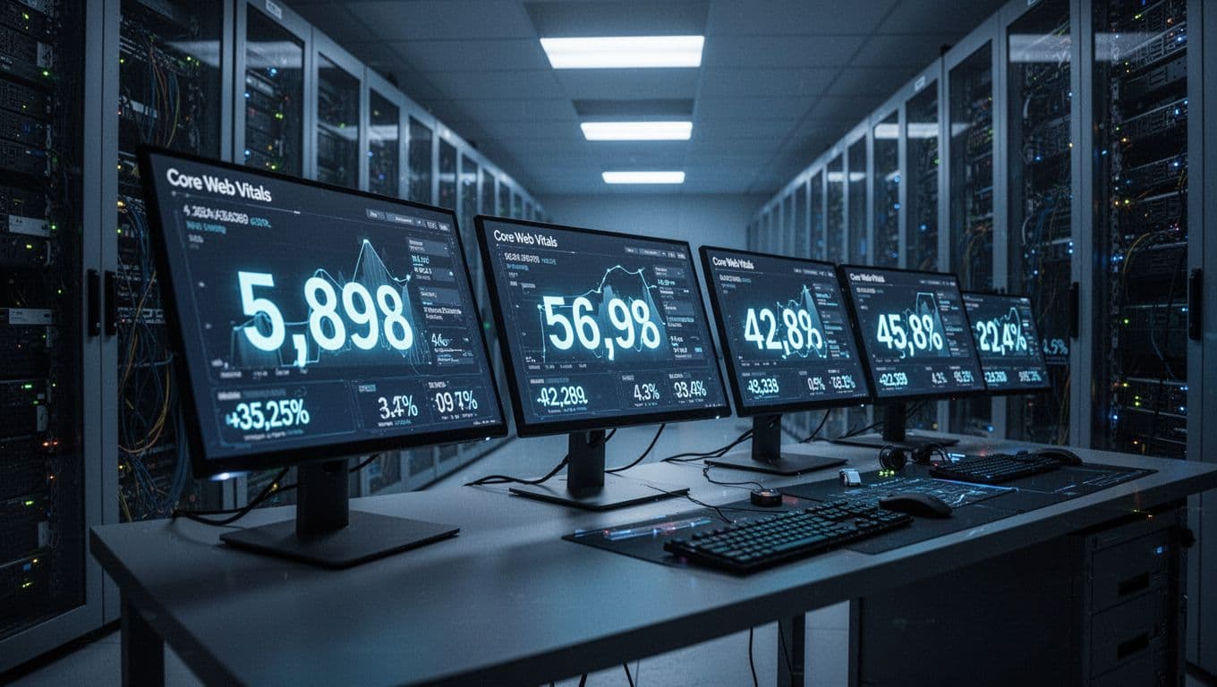 Data center control panel with angled glowing screens displaying LCP 2.3s, INP 180ms, and CLS 0.08 metrics.