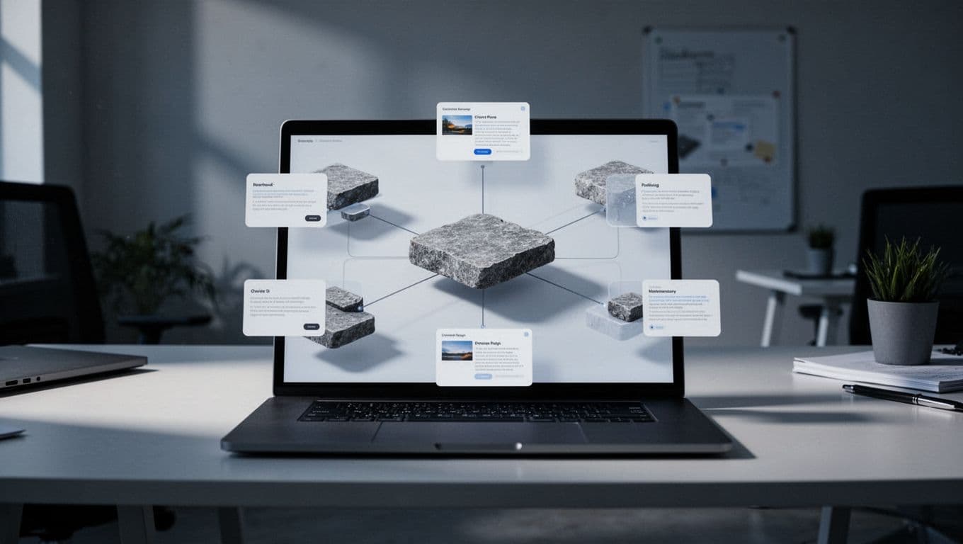 A diagram-like scene depicting a sturdy cornerstone page as the foundation of a website structure with linking cluster pages, shown on a laptop displaying a site map in a modern office desk setting.