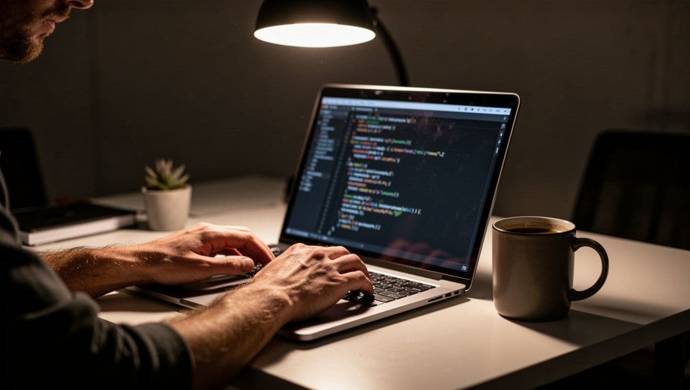 Developer's hands typing code for canonical tag and noindex meta on a laptop screen displaying an HTML snippet, with a coffee mug nearby on a focused workspace desk. Cinematic style with strong contrast, depth, and dramatic lighting from an overhead lamp.