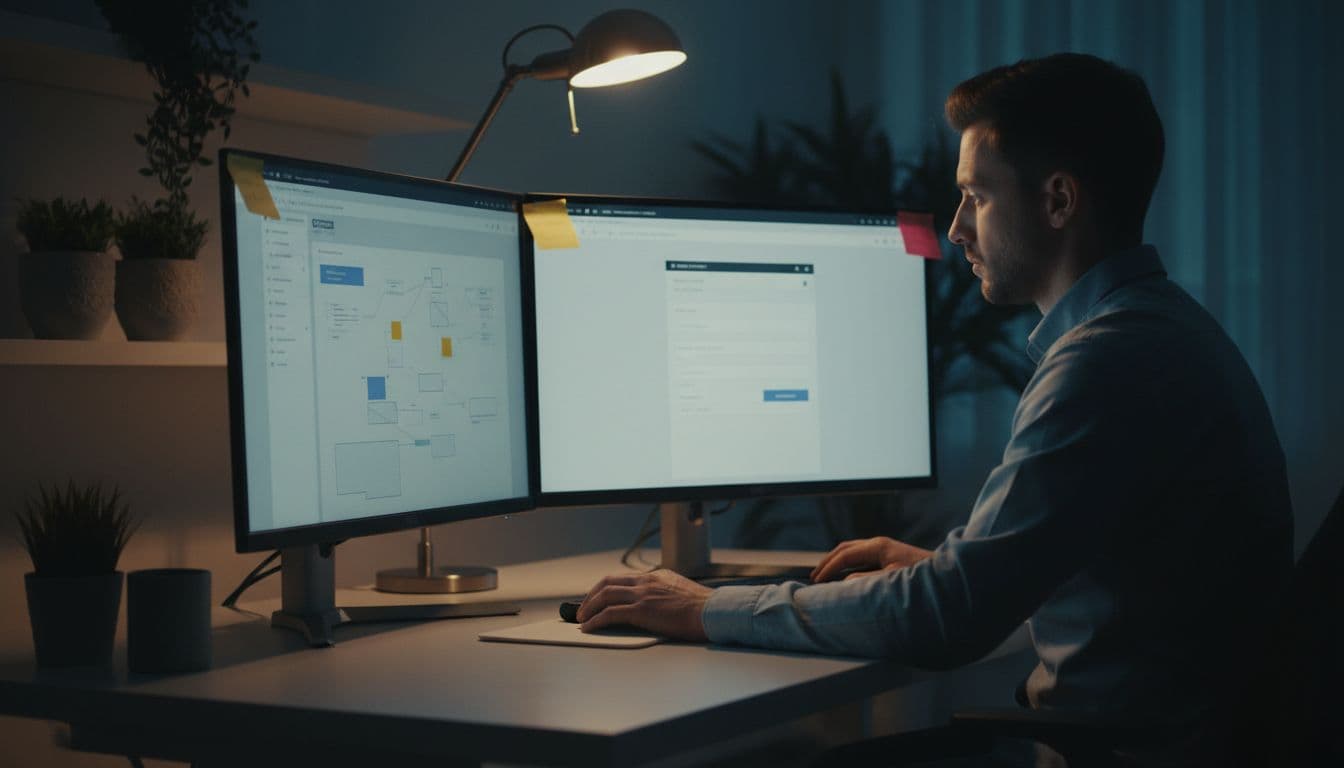 Digital marketer at modern desk with dual monitors showing GTM workspace and website form, plants and lamp nearby.