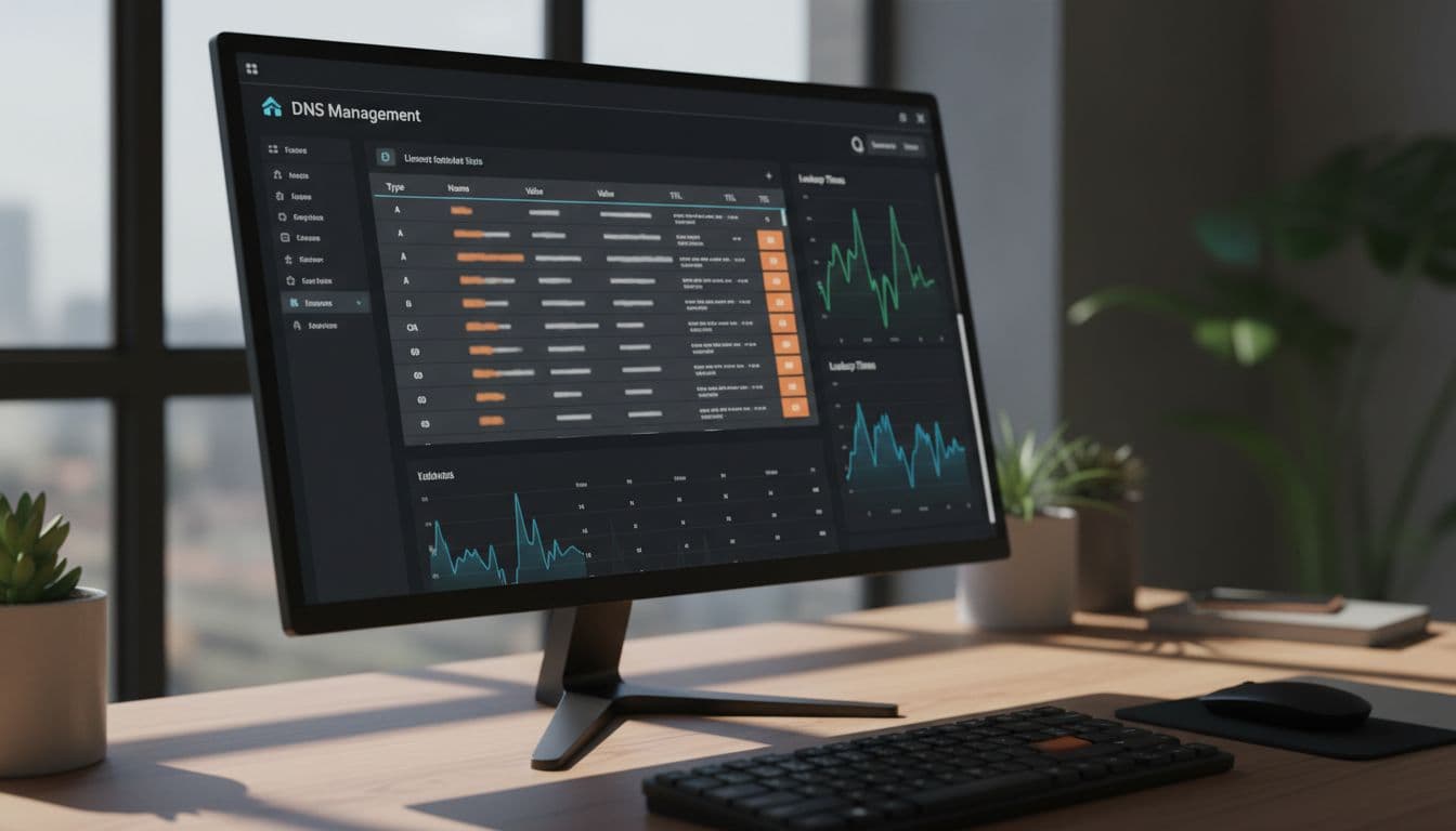 Laptop screen on office desk shows DNS records table with A record, CNAME, low TTL, and lookup graphs.