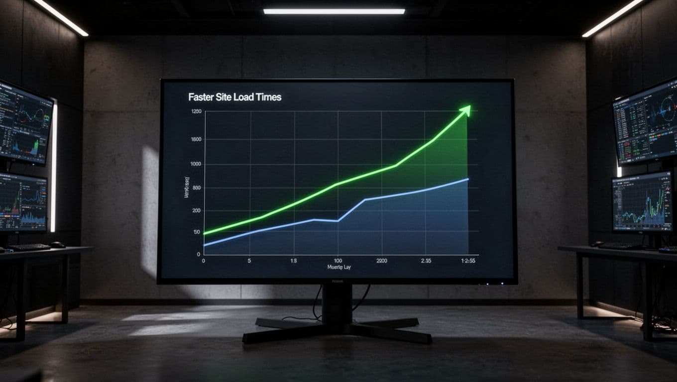 Monitor in dark room displays dark-mode chart showing site load time drop from 5s to 1s with green Core Web Vitals trends.
