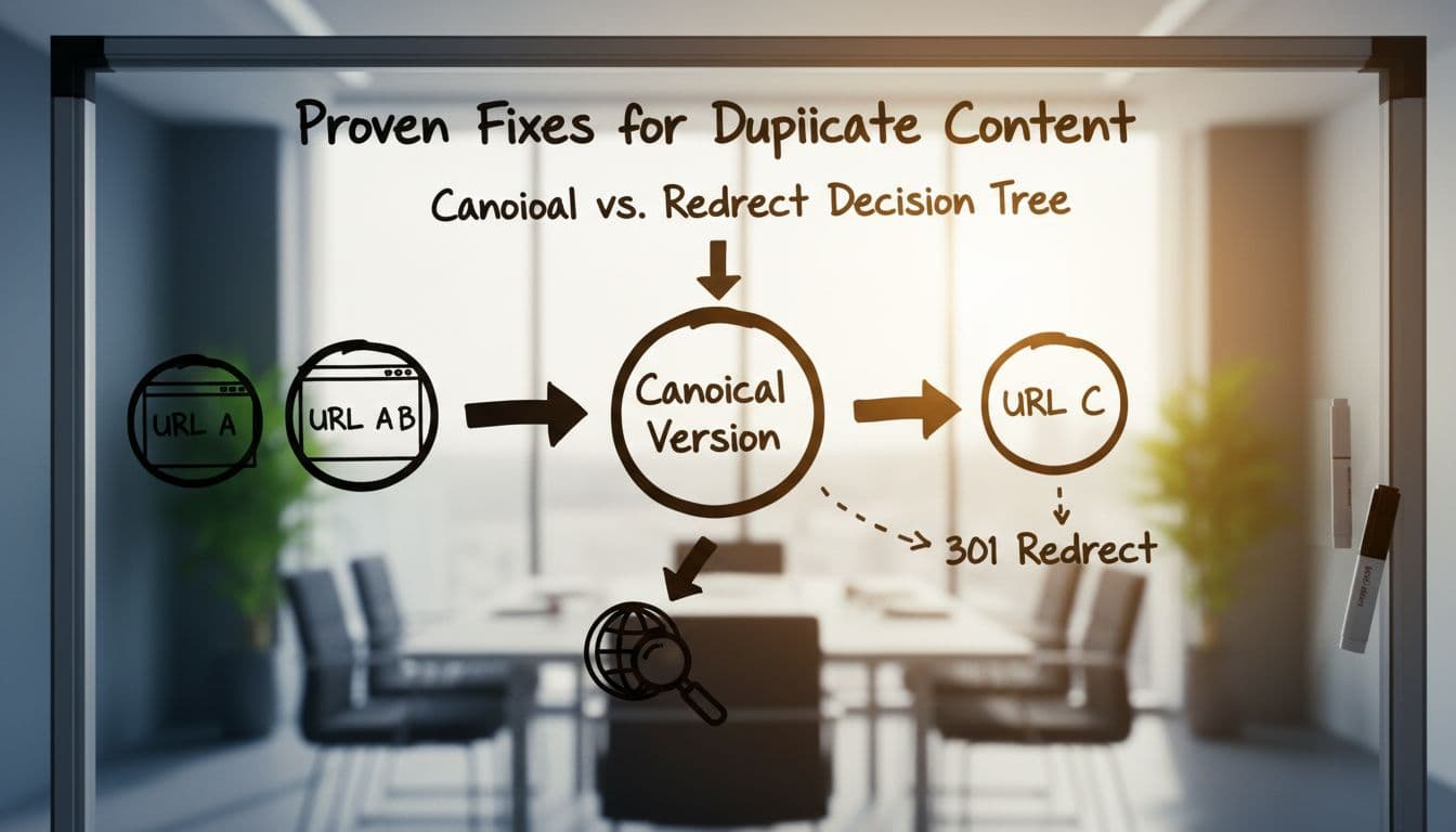 A whiteboard-sketched workflow diagram illustrating arrows from duplicate URLs to canonical versions and redirects, featuring simple web page and search engine icons in a brightly lit conference room with cinematic lighting and strong contrast.