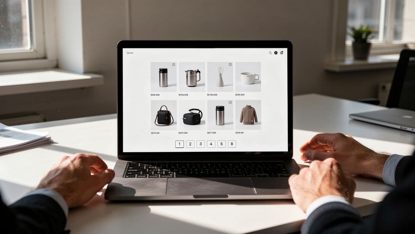 Modern laptop screenshot of a clean e-commerce product category page with pagination controls (1 2 3 4 5 next) at the bottom, product cards above, desk setup with natural light, cinematic style, no text or logos.