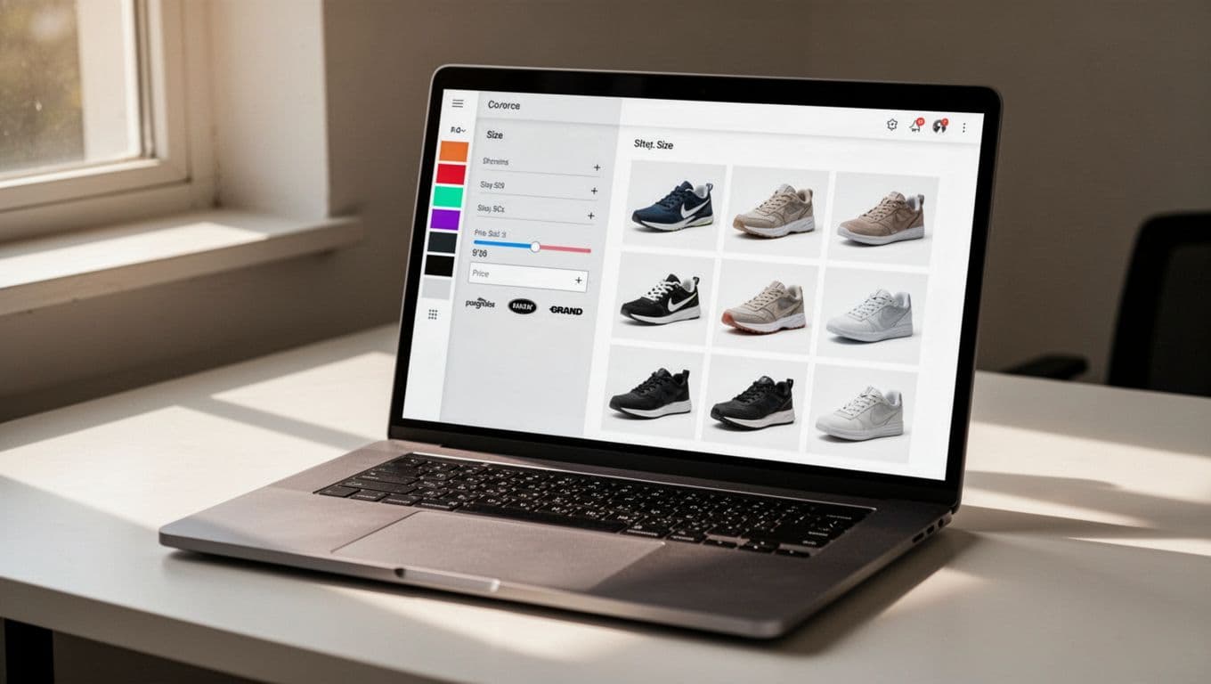 Modern ecommerce category page on a laptop screen showing left sidebar filters for color, size, price, and brand, with a product grid of shoes on the right.