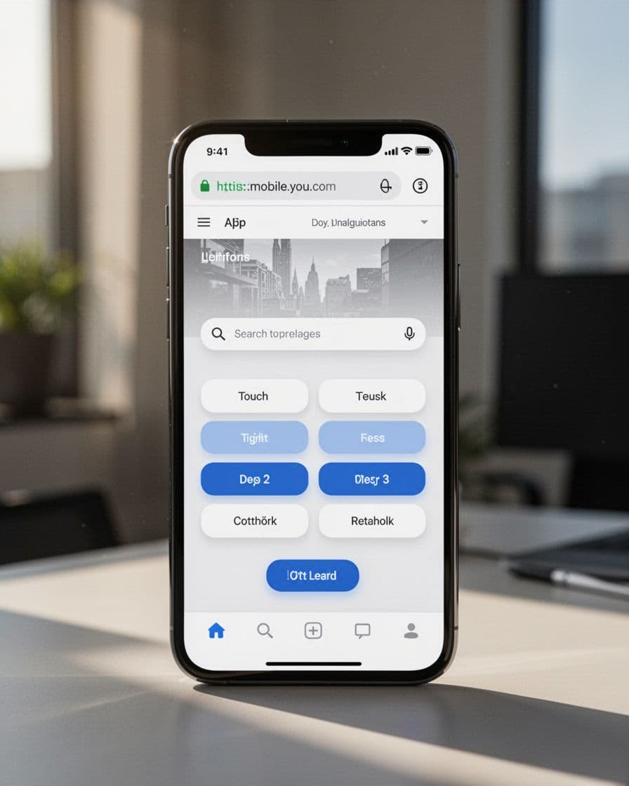 Close-up of a modern smartphone screen displaying a fast-loading mobile webpage with crisp text, large touch-friendly buttons, and smooth scrolling navigation, optimized for speed and usability against a soft office background.