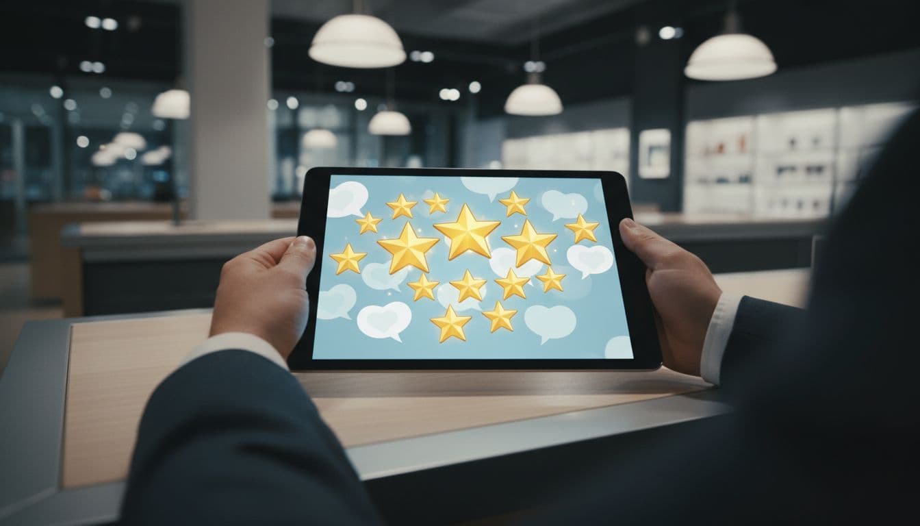 Hands holding a digital tablet displaying five-star review icons and customer feedback bubbles on a modern store counter, cinematic lighting with strong contrast and depth.