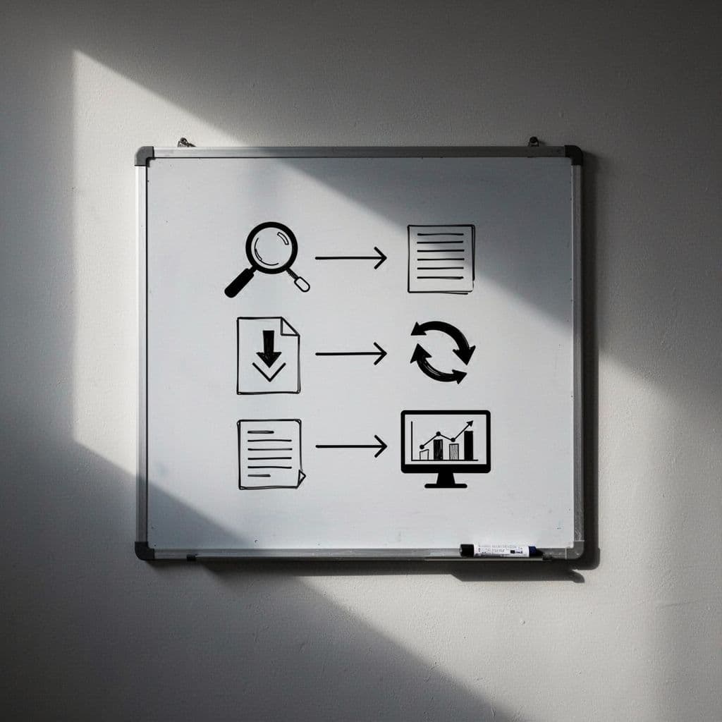 Minimalist whiteboard flowchart diagram outlining steps to fix index bloat: audit, identify low-value pages, apply noindex or redirect, monitor GSC, in a cinematic office style with dramatic side lighting.