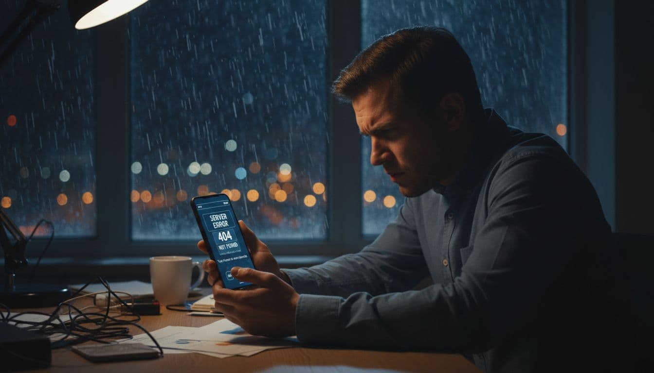 Frustrated business owner at desk holds phone showing website error, rainy night window behind.