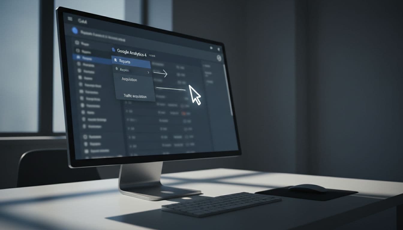 Angled computer screen in simple office shows blurred GA4 interface with mouse cursor pointing to menus.