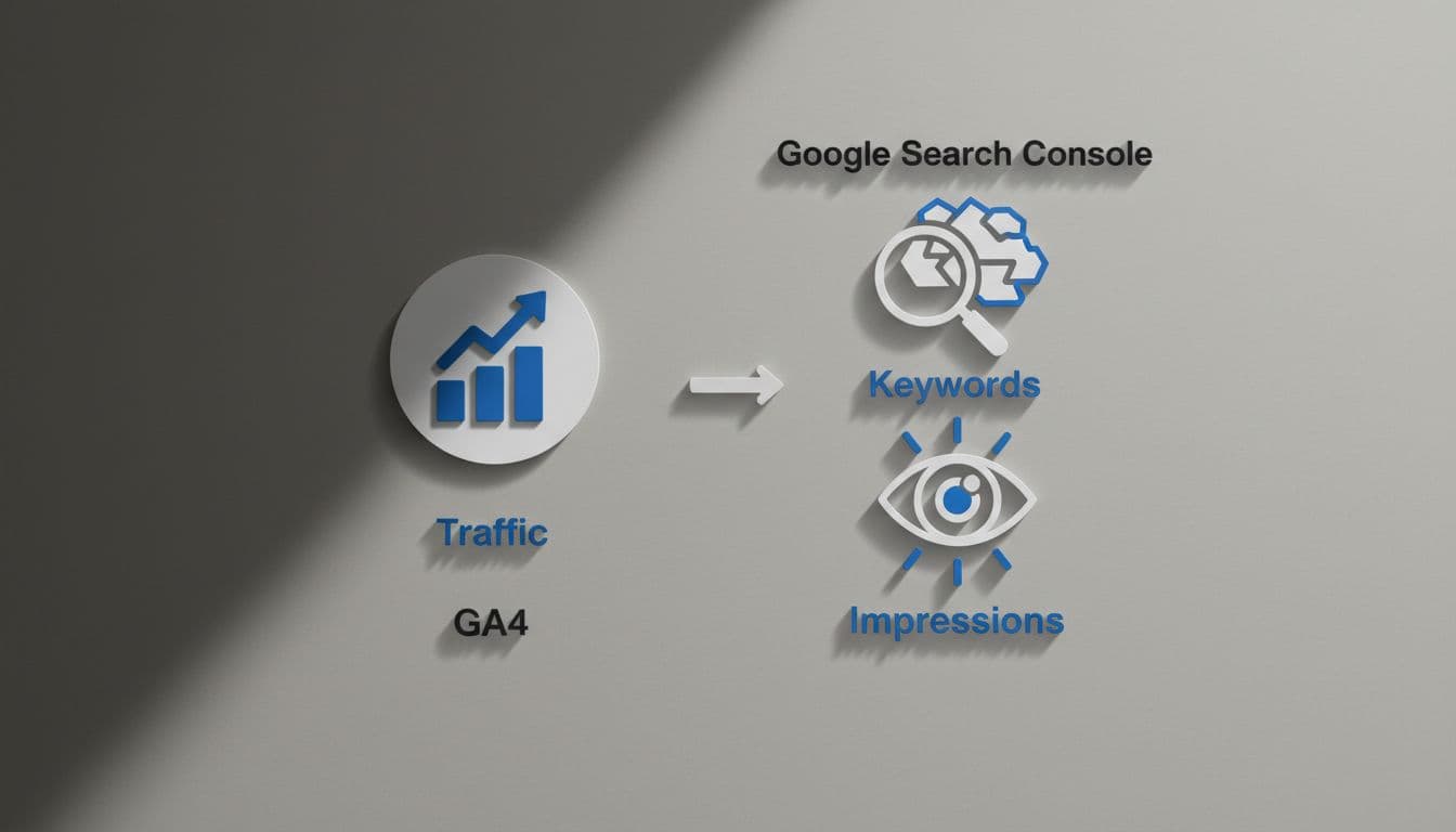 Infographic comparison chart showing three icons for traffic, keywords, and impressions split between GA4 and Google Search Console on neutral background.