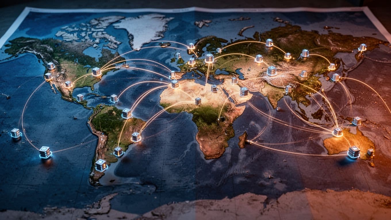 World map highlights glowing data centers connected by data lines across continents.