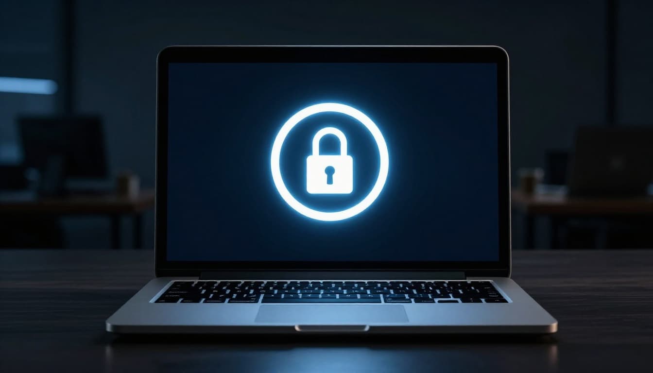 A secure website padlock icon glows on a modern laptop screen in a dimly lit office, rendered in cinematic style with strong contrast, depth, and dramatic single-source lighting in cool blue tones.