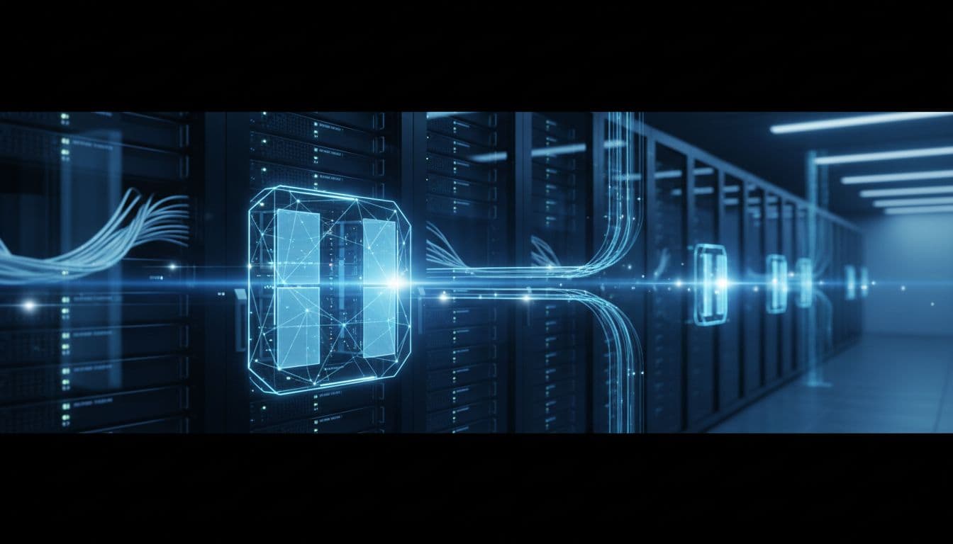 Modern server room with glowing VPS servers, isolated partitions, and high-speed connections in blue-silver tones.