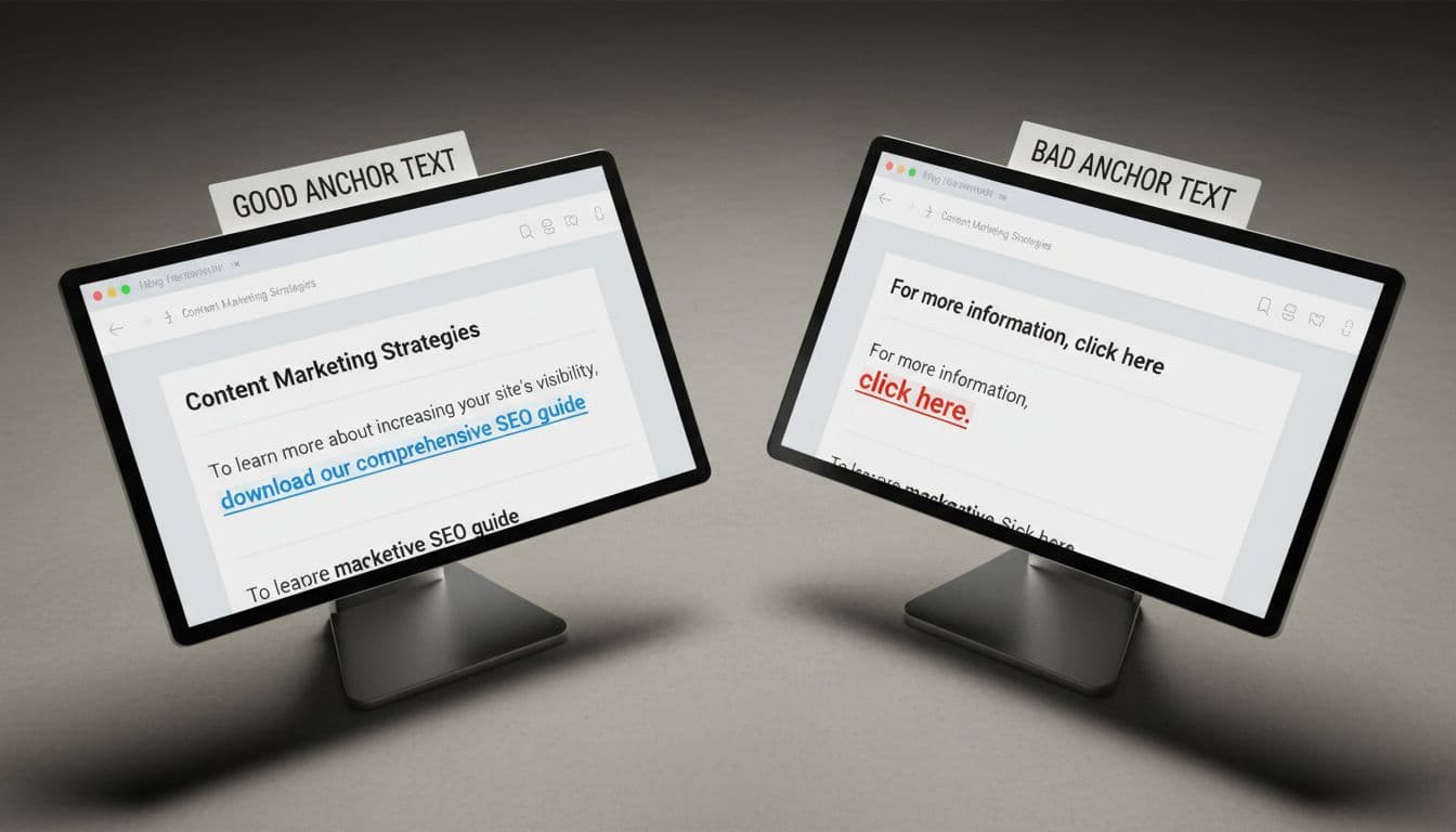 Split composition comparing good descriptive anchor text links versus bad exact match anchor text on two side-by-side webpage mockups with cinematic lighting and high contrast.