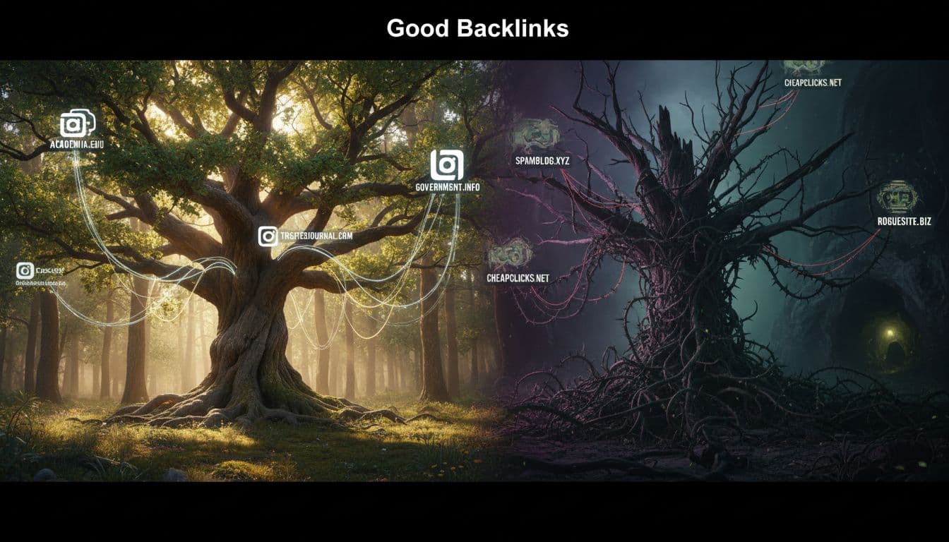 A split cinematic scene contrasting a strong healthy tree symbolizing good backlinks connected to reputable sites in a sunny forest, with a decayed thorny tree representing bad backlinks leading to shady corners, dramatic lighting and high contrast.