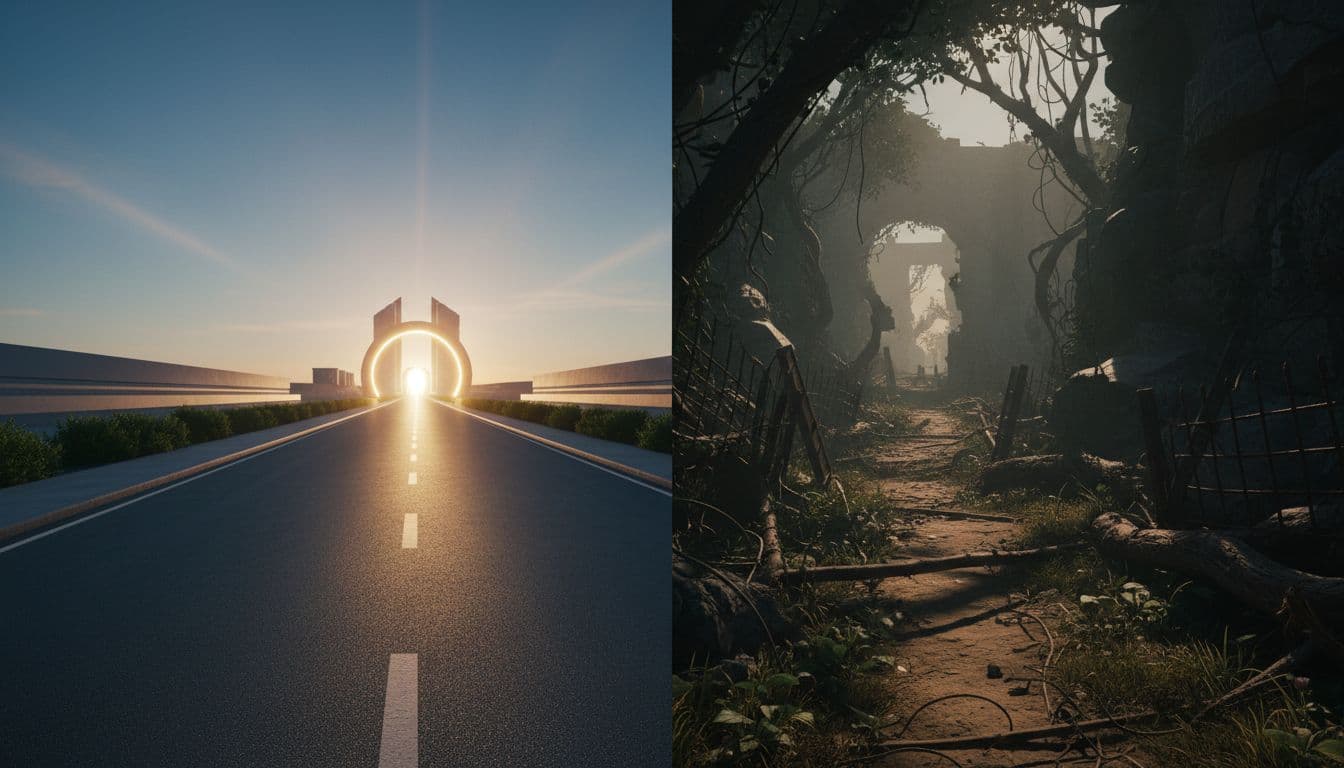 Split minimalist landscape at golden hour contrasting a smooth paved road to a bright destination (SEO-friendly URL) on the left with a tangled overgrown trail (poor URL) on the right, cinematic style with dramatic lighting and depth.