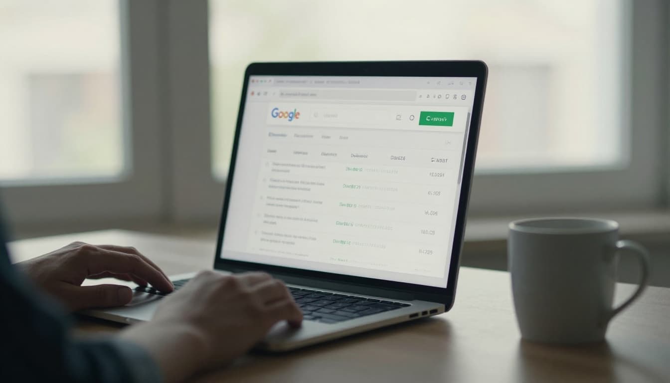 Laptop screen displaying Google Search Console dashboard with crawl stats section on a clean desk, coffee mug nearby, one hand resting close by, softly lit room with cinematic glow and screen contrast.