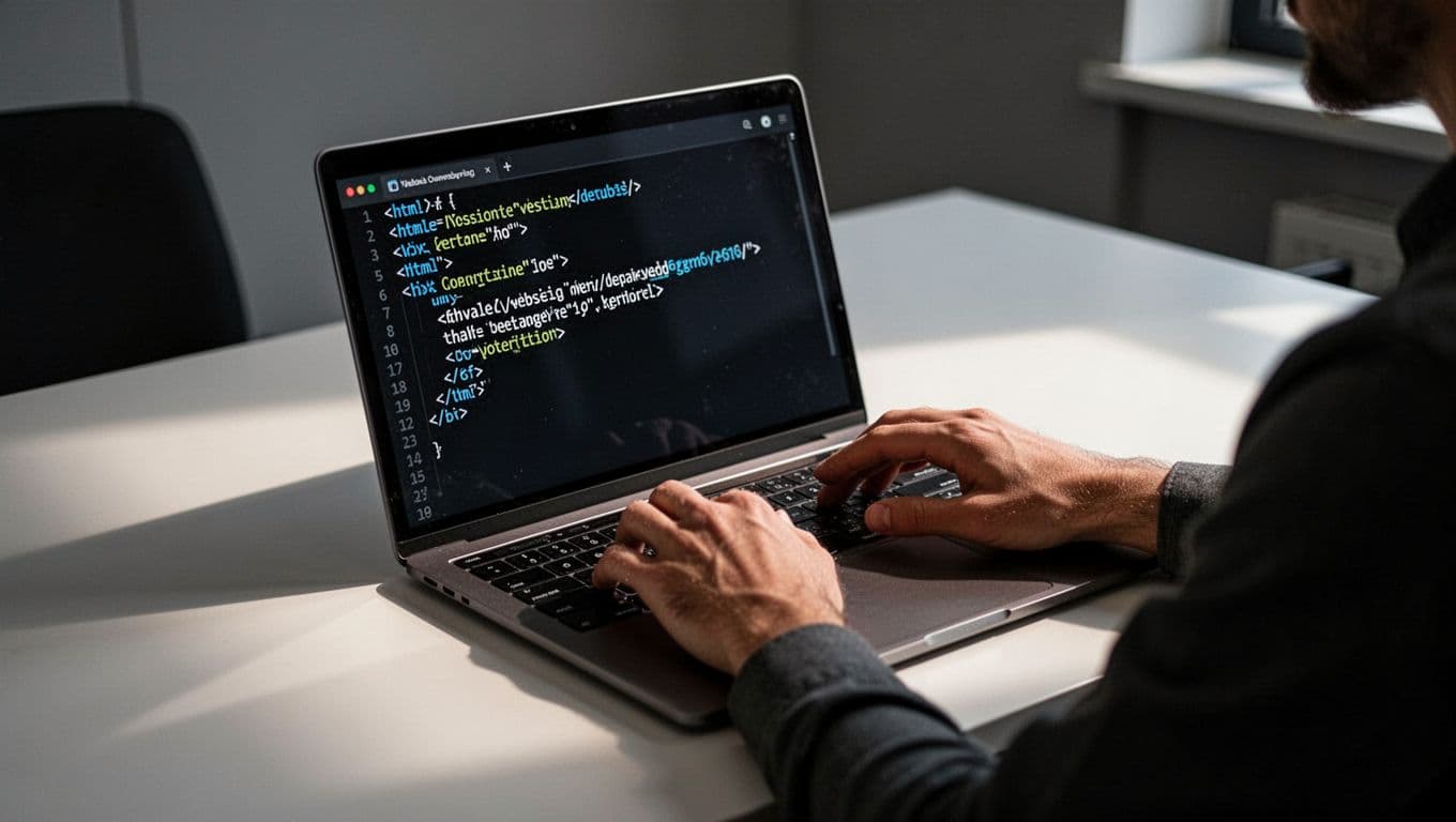 Cinematic step-by-step scene of hands on a laptop verifying website ownership in Google Search Console using the HTML tag method, clean desk, soft lighting, strong contrast and depth.