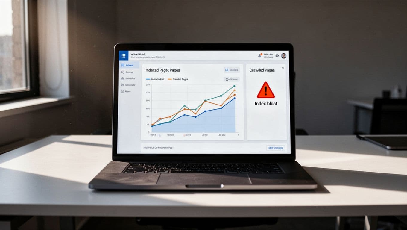 A clean laptop screen view of Google Search Console's pages indexed report, displaying high indexed pages versus crawled with a prominent bloated index warning indicator, set on a modern office desk with cinematic lighting.