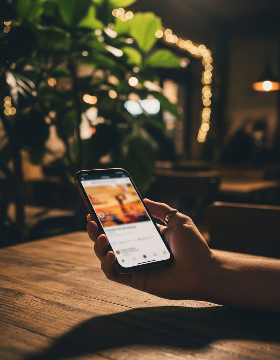 Hand holds smartphone displaying blurred Google local pack results at cafe table with blurred interior and plants.