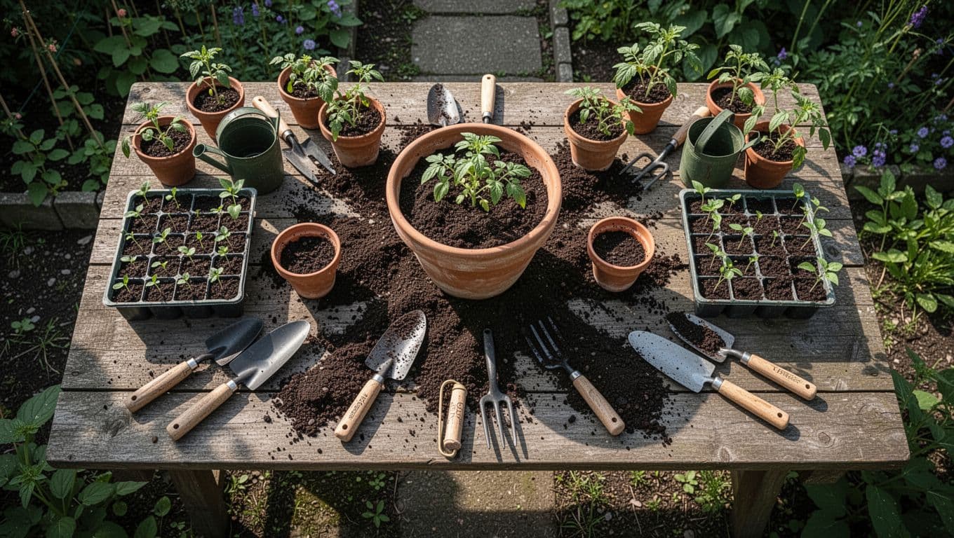 Simple overhead view of a hub-and-spoke diagram on a garden workbench depicting a home gardening content cluster, with central pillar page surrounded by spokes for soil preparation, vegetable planting, and pest control, styled cinematically with pots, tools, fresh soil, strong contrast, and dramatic lighting.